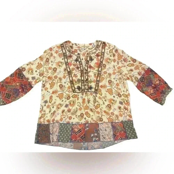 John Mark Embroidered Woven Split V-Neck 3/4 Sleeve Multi Print Tunic, Large - Picture 6 of 11